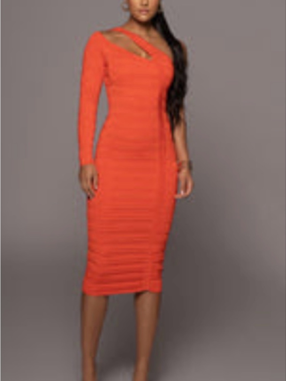 JLUXLABEL One-Shoulder Cutout Bodycon Midi Dress in orange/tomato red